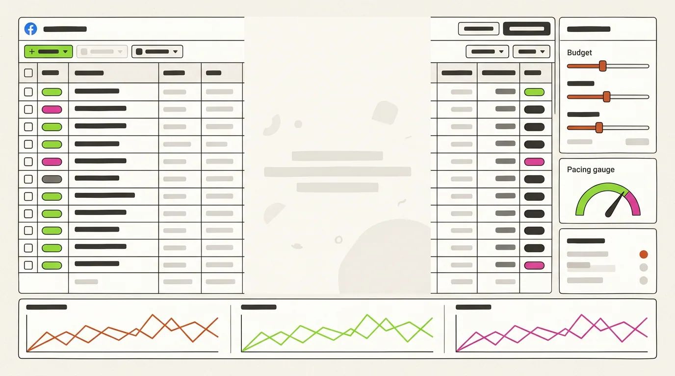 Facebook ad management tools dashboard with campaign table, budget controls and performance charts