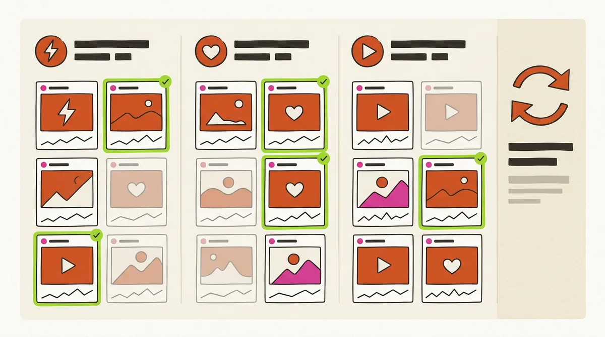 Creative performance grid in Facebook ads management software showing fatigue and winners