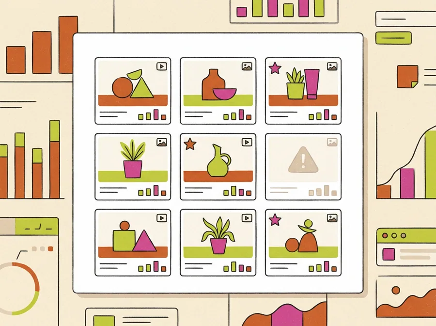 Creative library in a Facebook ad management tool grouping ad variants by performance